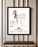 Massey Ranch Airpark framed poster displayed in an airplane hangar