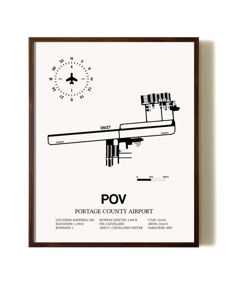 Portage County Airport aviation print in walnut frame