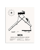Gray Middle Georgia Regional Airport framed poster displayed in an airplane hangar