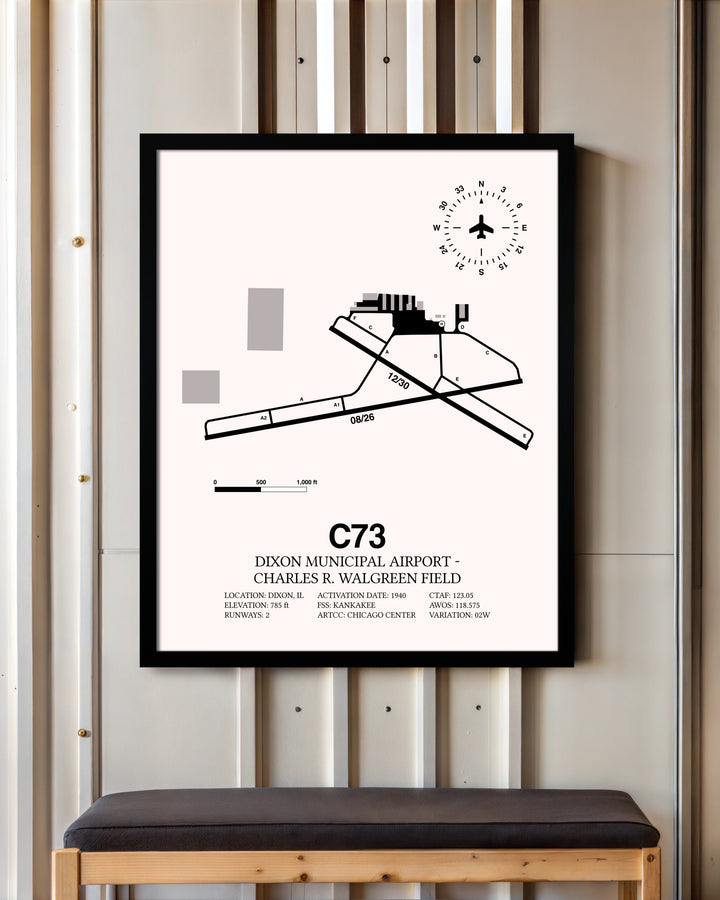 Dixon Municipal Airport-Charles R. Walgreen Field framed poster displayed in an airplane hangar