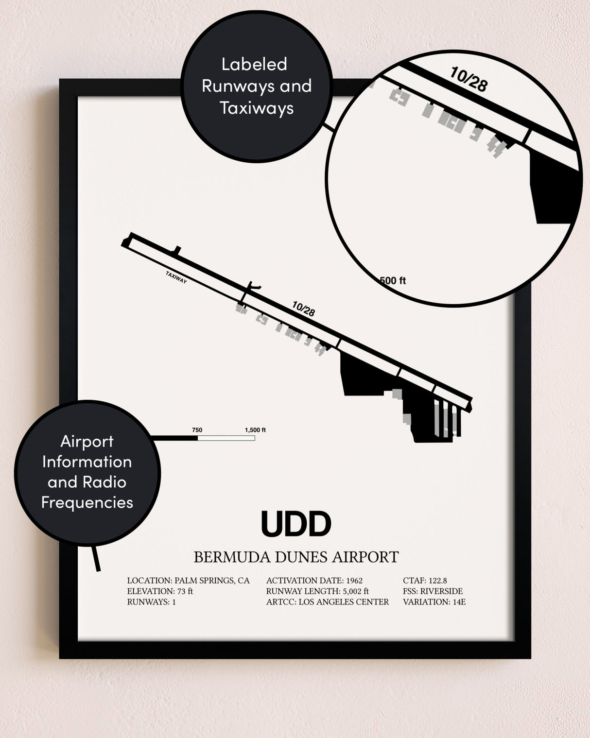 Framed Bermuda Dunes Airport layout wall art poster