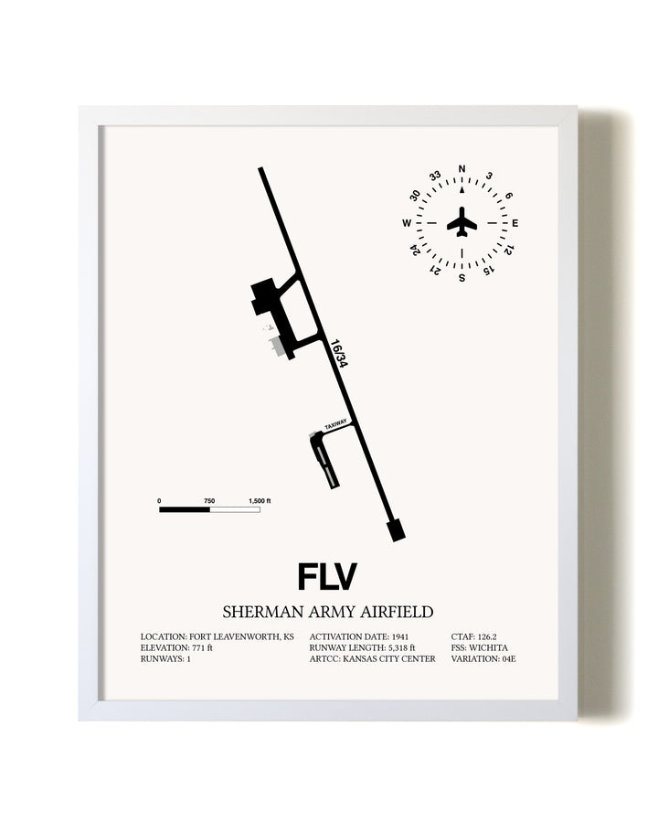Sherman Army Airfield airport map poster in oak frame