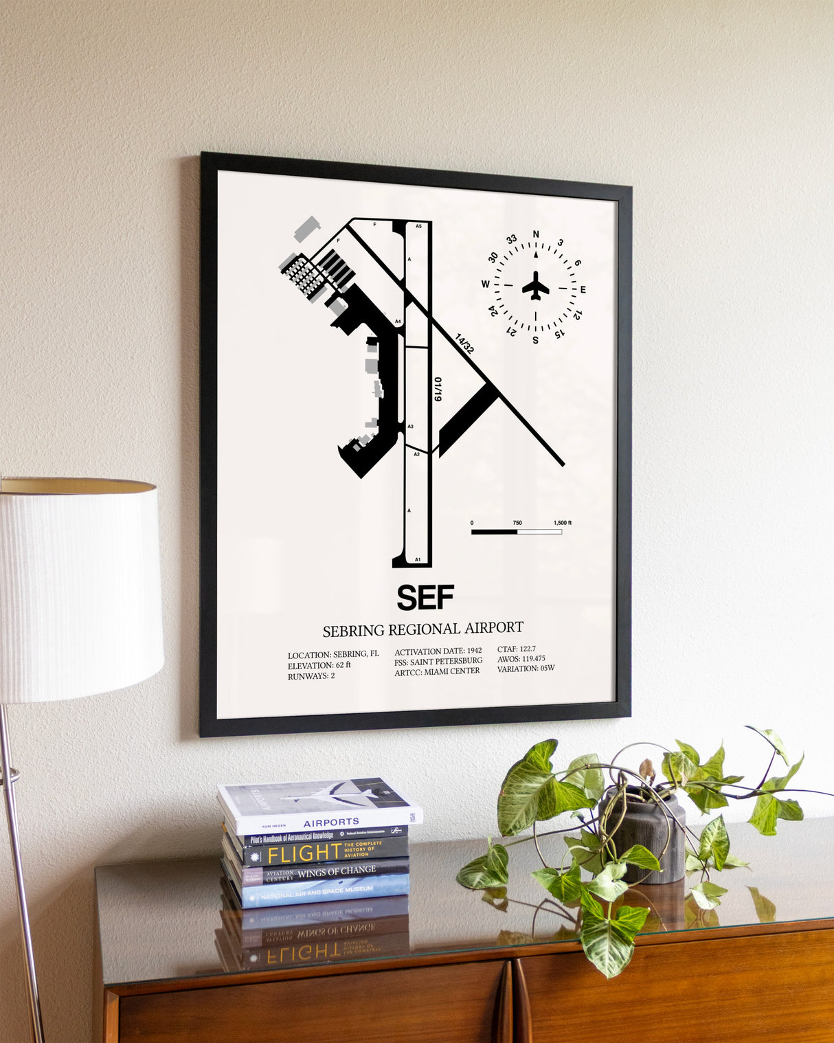 Sebring Regional Airport aviation wall décor in black wood frame