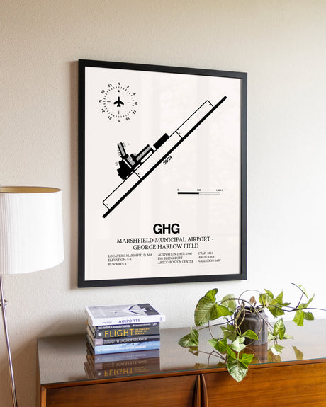 Marshfield Municipal Airport-George Harlow Field aviation wall décor in black wood frame