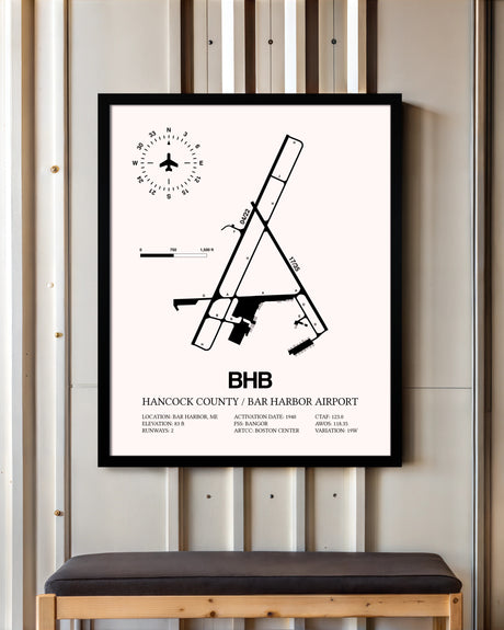 Hancock County / Bar Harbor Airport framed poster displayed in an airplane hangar