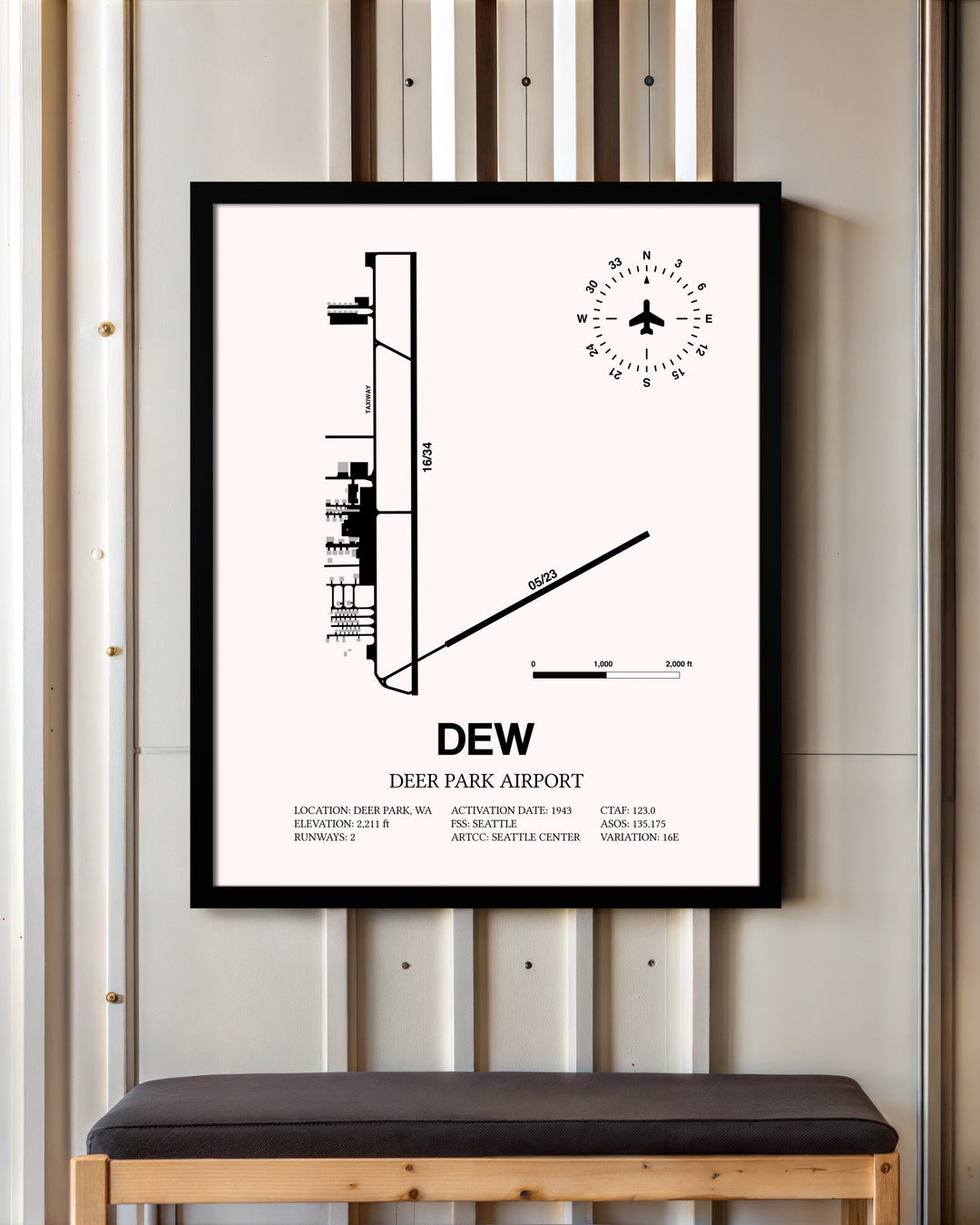 Deer Park Airport framed poster displayed in an airplane hangar