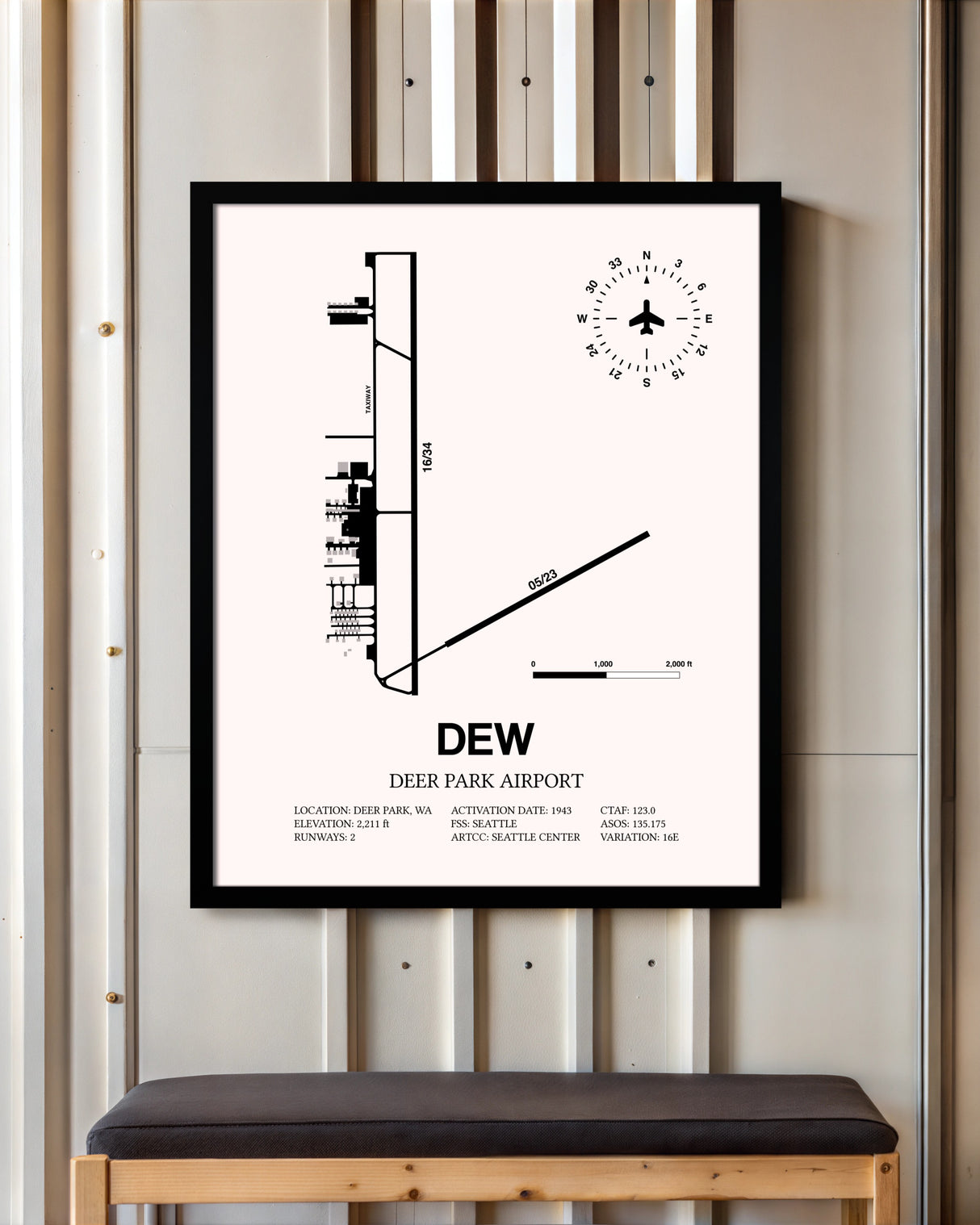 Deer Park Airport framed poster displayed in an airplane hangar
