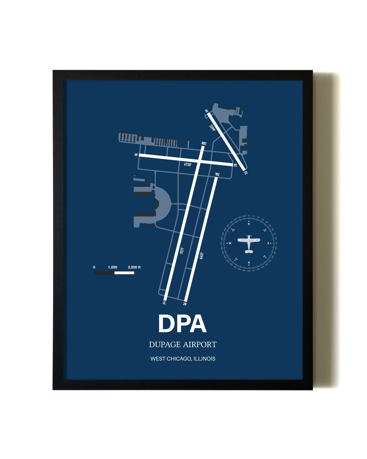 Aviation Blue Framed DuPage Airport layout wall art poster