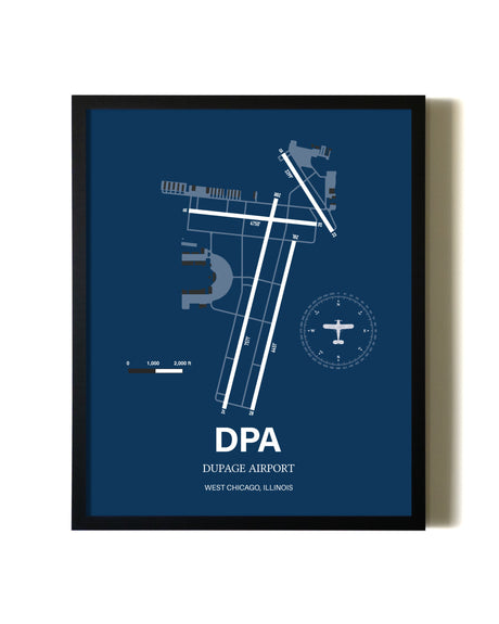 Aviation Blue Framed DuPage Airport layout wall art poster