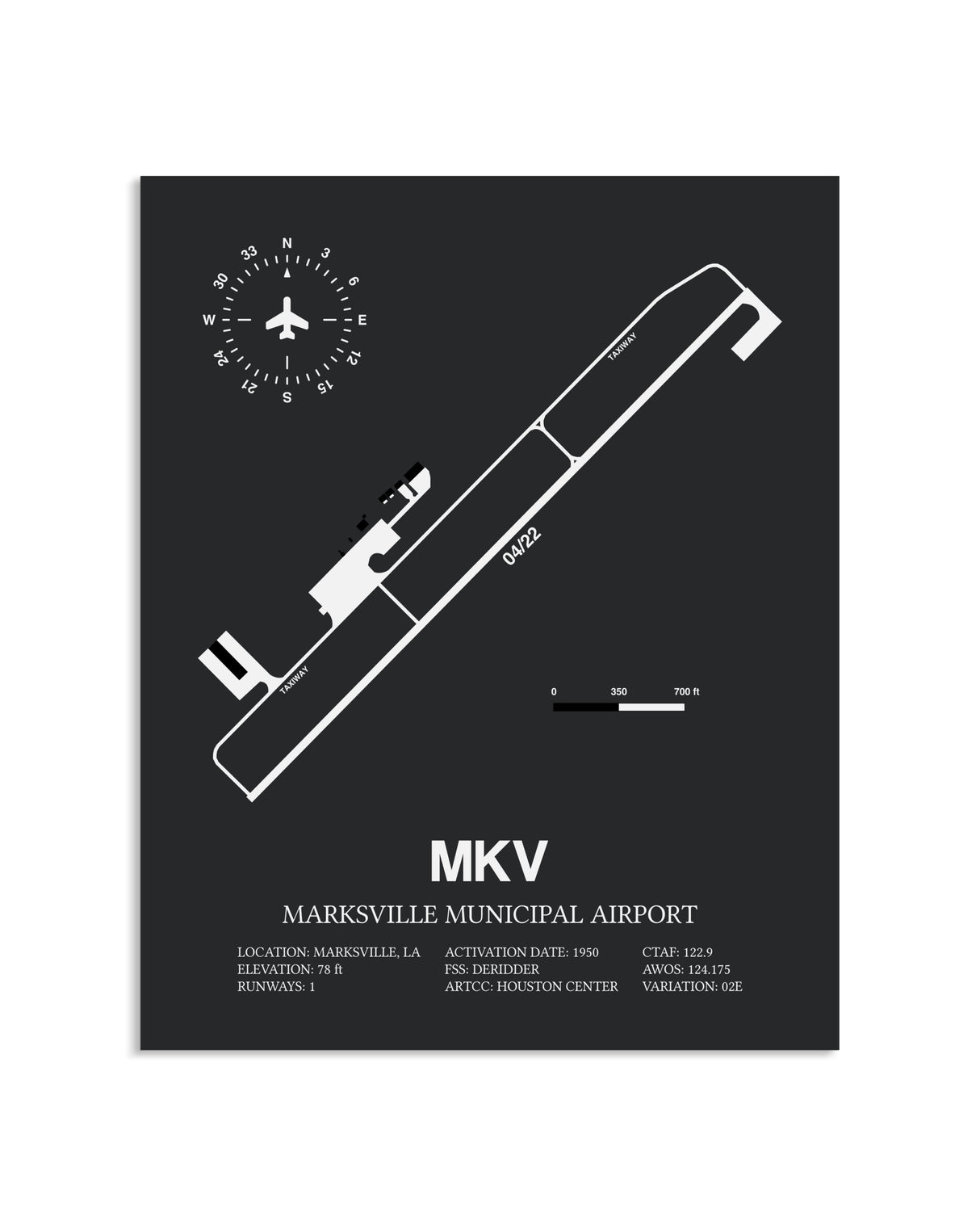 Gray Framed Marksville Municipal Airport layout wall art poster