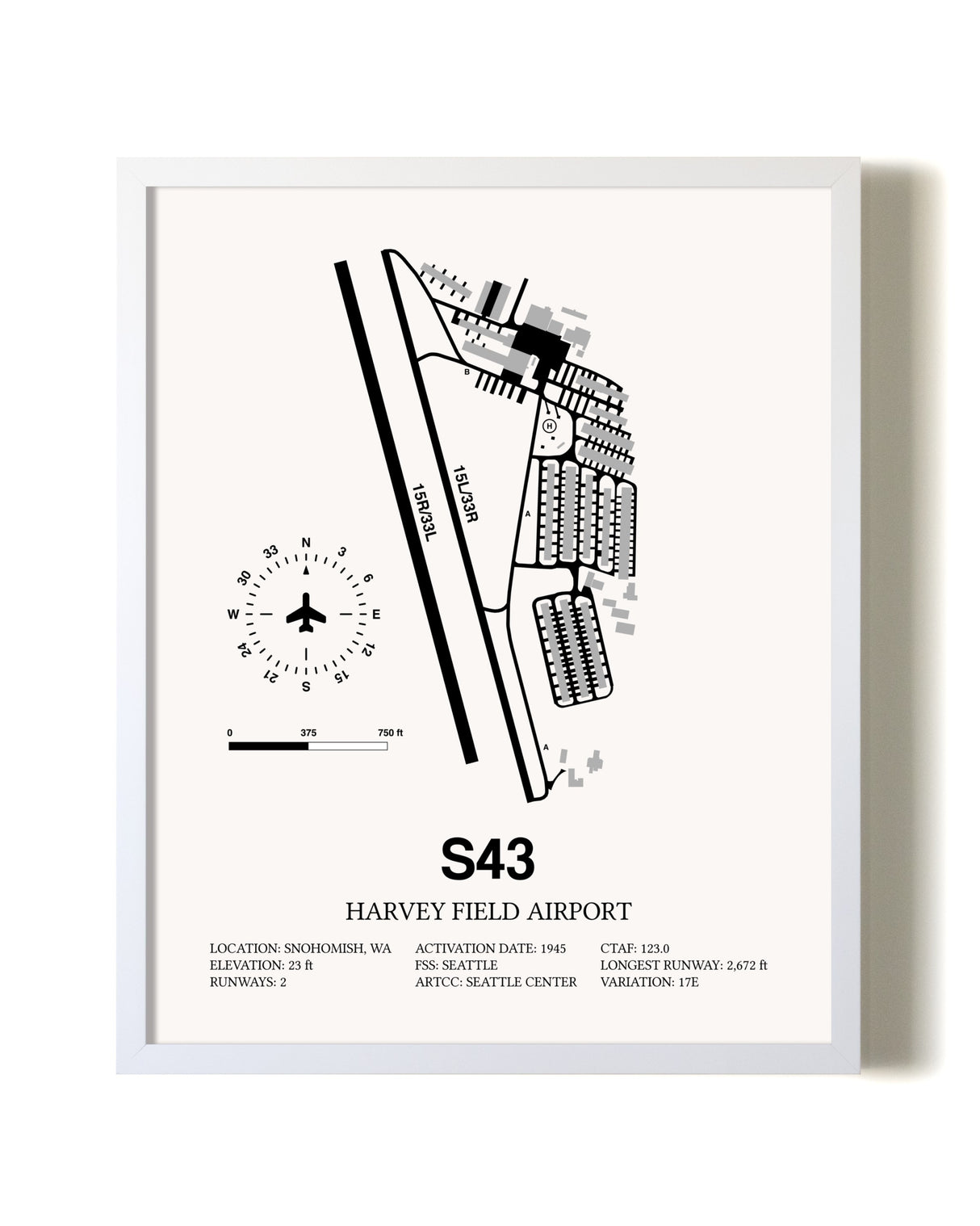 Harvey Field Airport airport map poster in oak frame