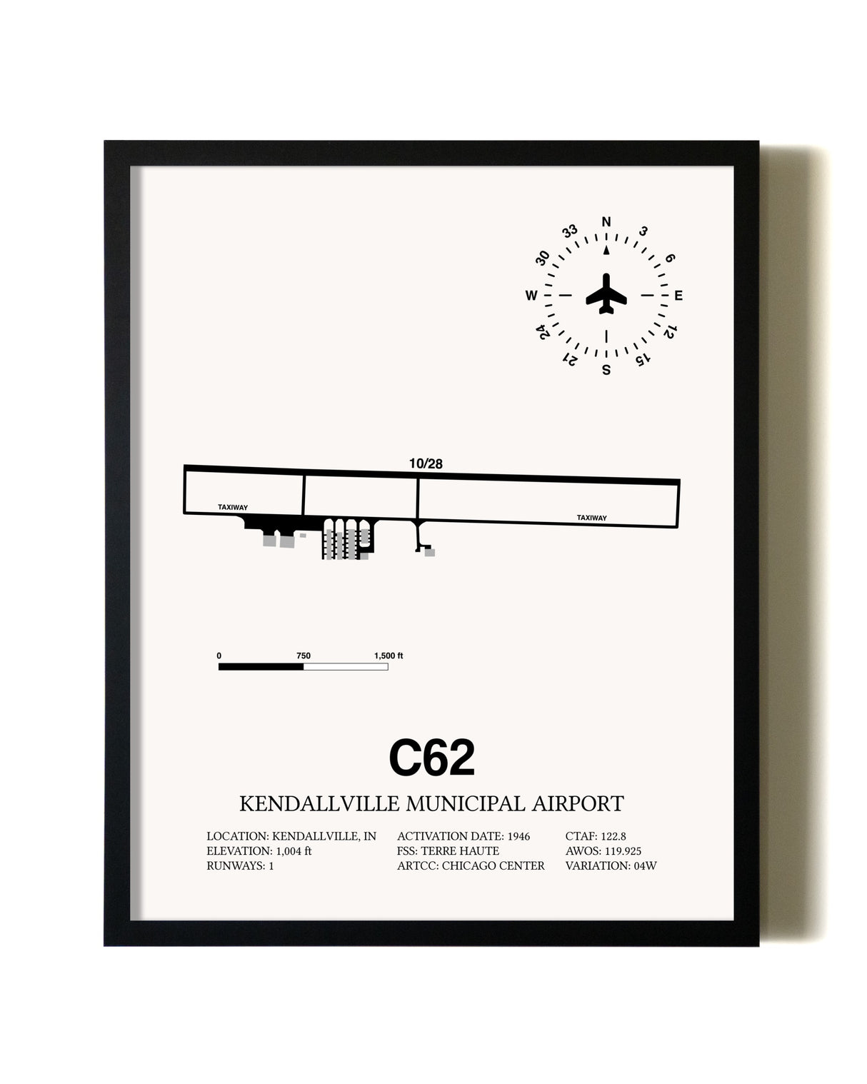 Framed Kendallville Municipal Airport wall art poster in black frame