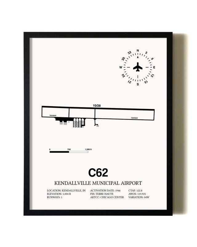Framed Kendallville Municipal Airport wall art poster in black frame
