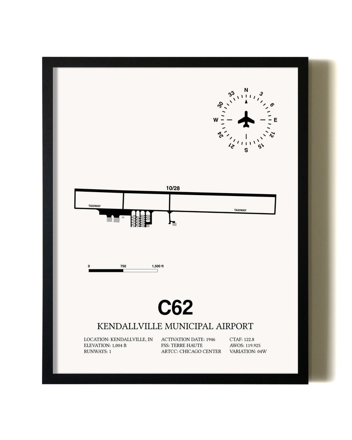 Framed Kendallville Municipal Airport wall art poster in black frame