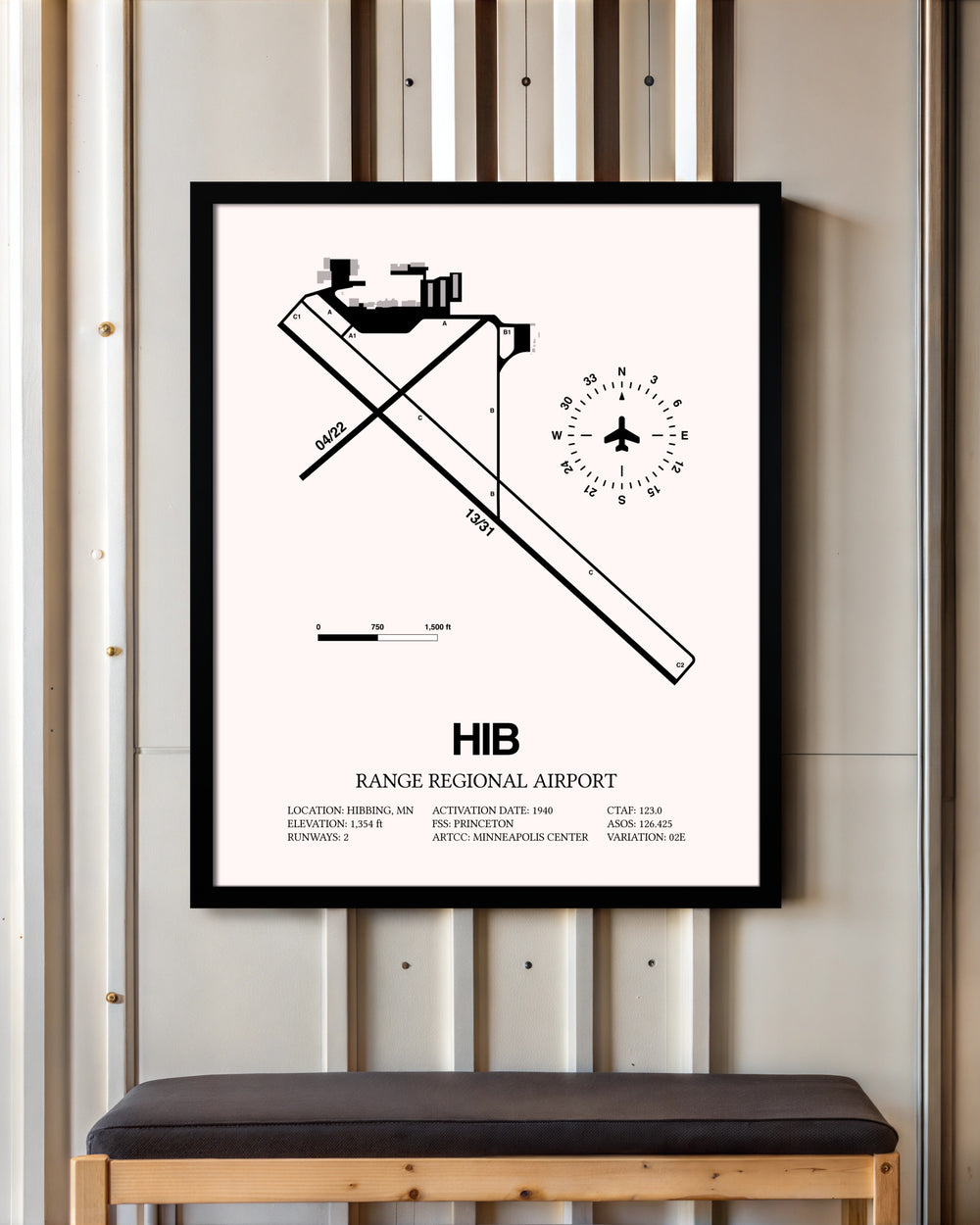 Range Regional Airport framed poster displayed in an airplane hangar