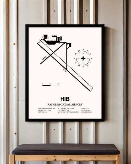Range Regional Airport framed poster displayed in an airplane hangar