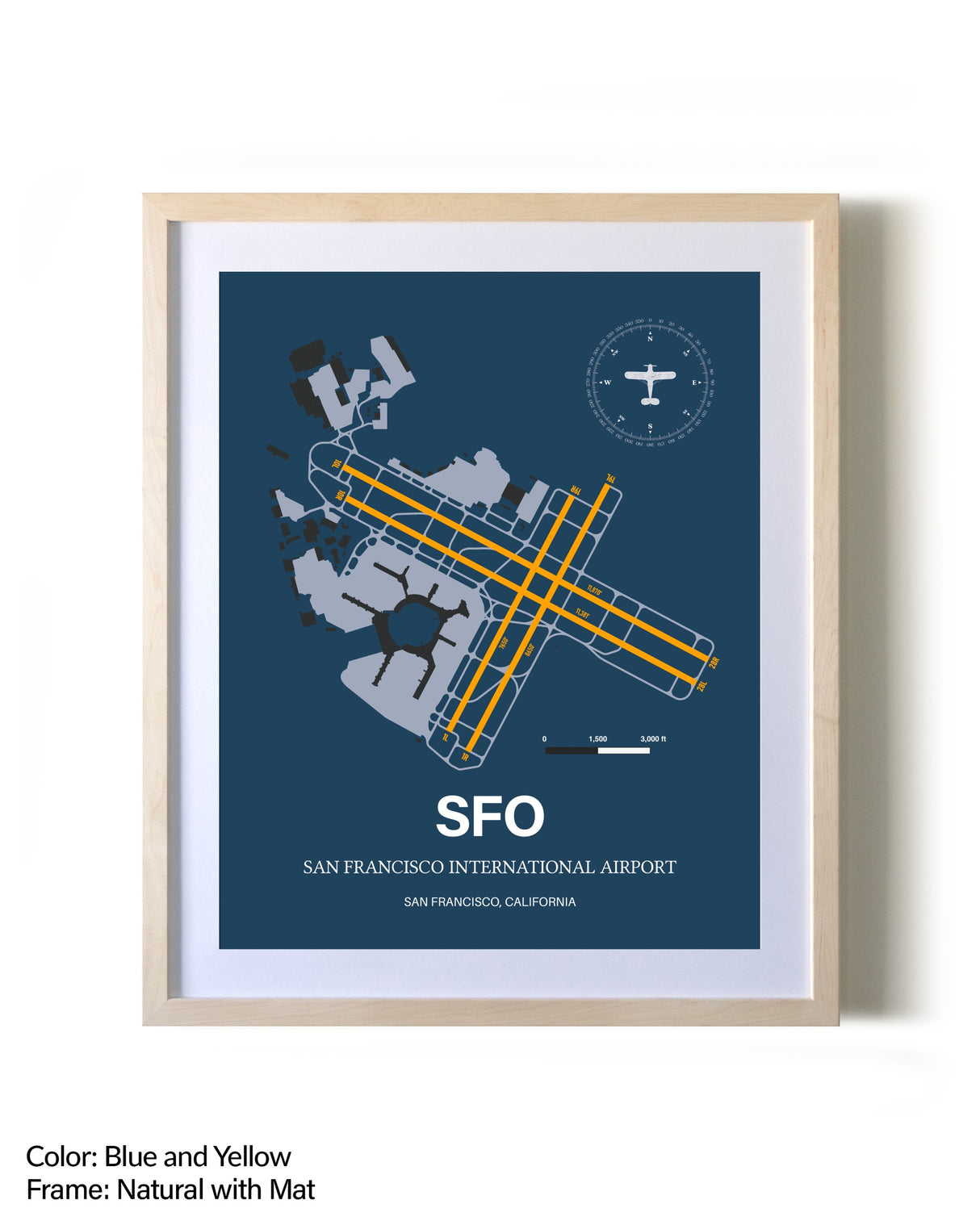 San Francisco International Airport framed print in natural wood frame with mat