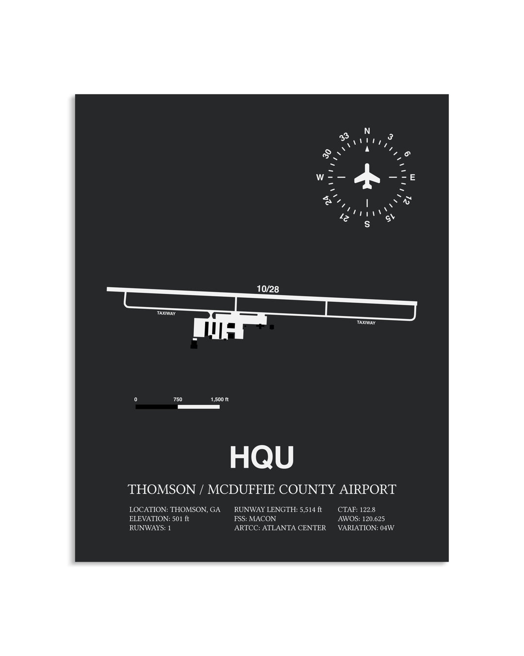 Gray Framed Thomson / McDuffie County Airport layout wall art poster