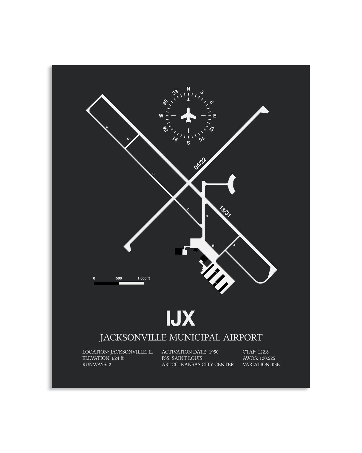 Gray Framed Jacksonville Municipal Airport layout wall art poster