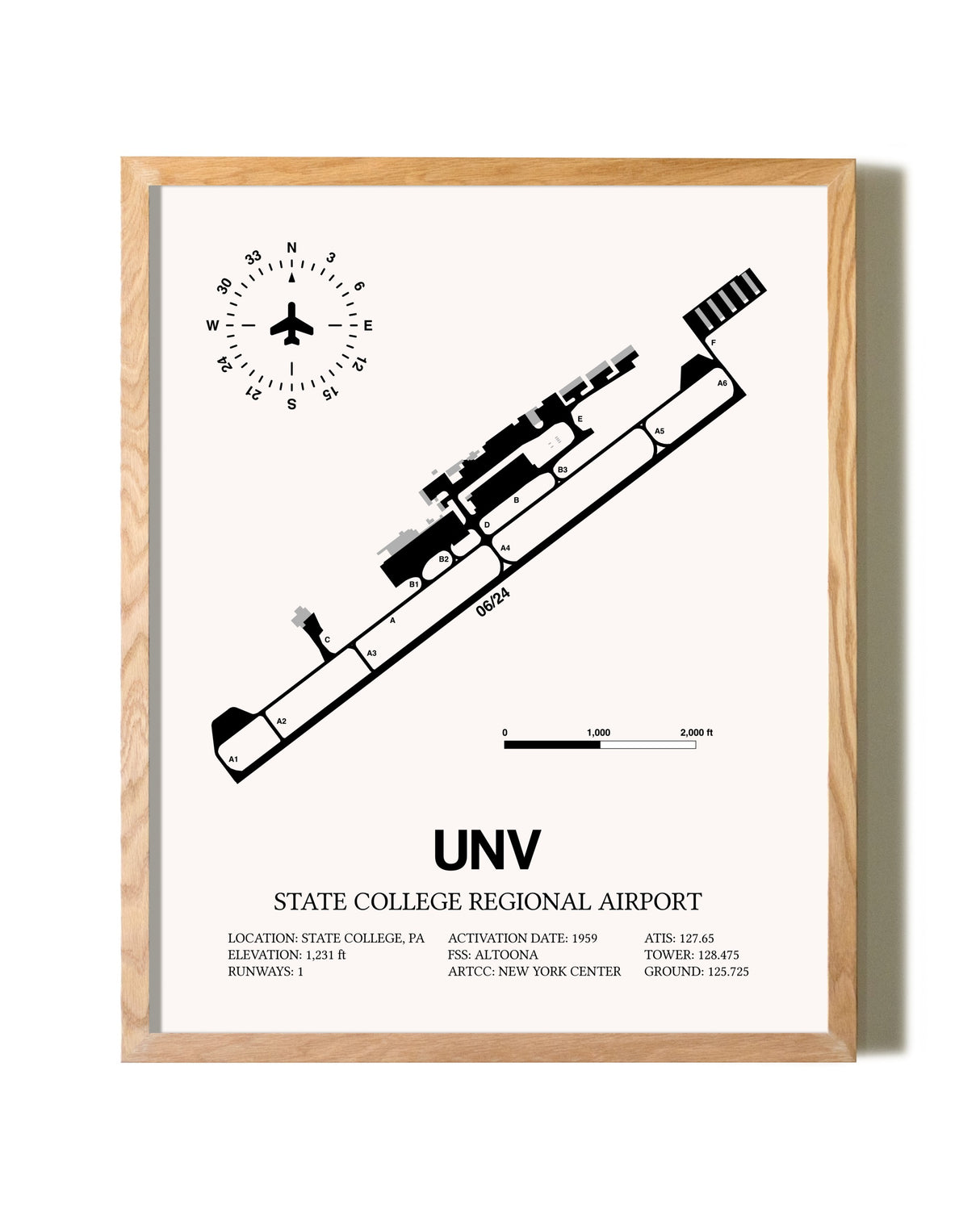State College Regional Airport framed print in natural wood frame