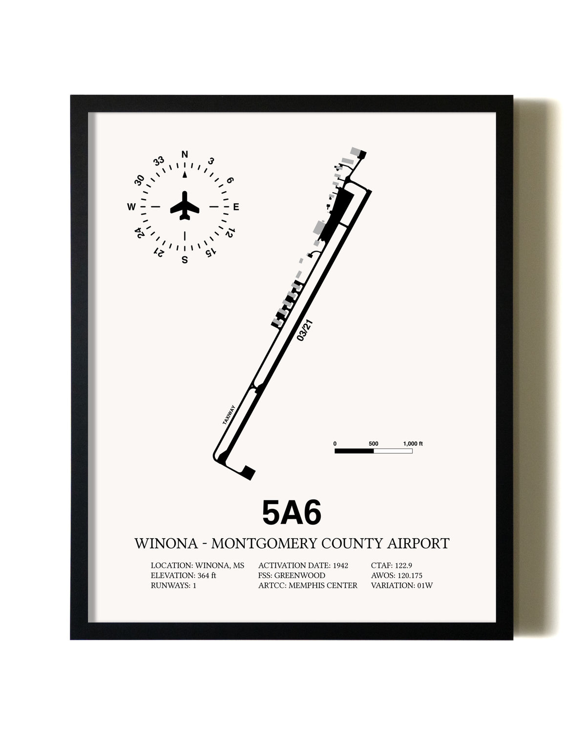 Framed Winona - Montgomery County Airport wall art poster in black frame
