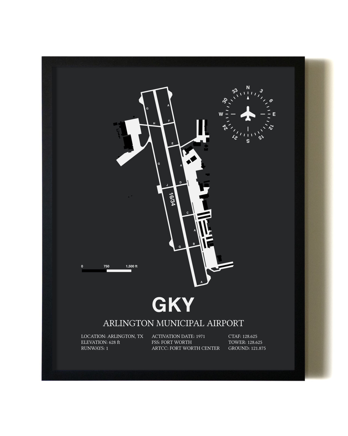Unframed Arlington Municipal Airport map print poster