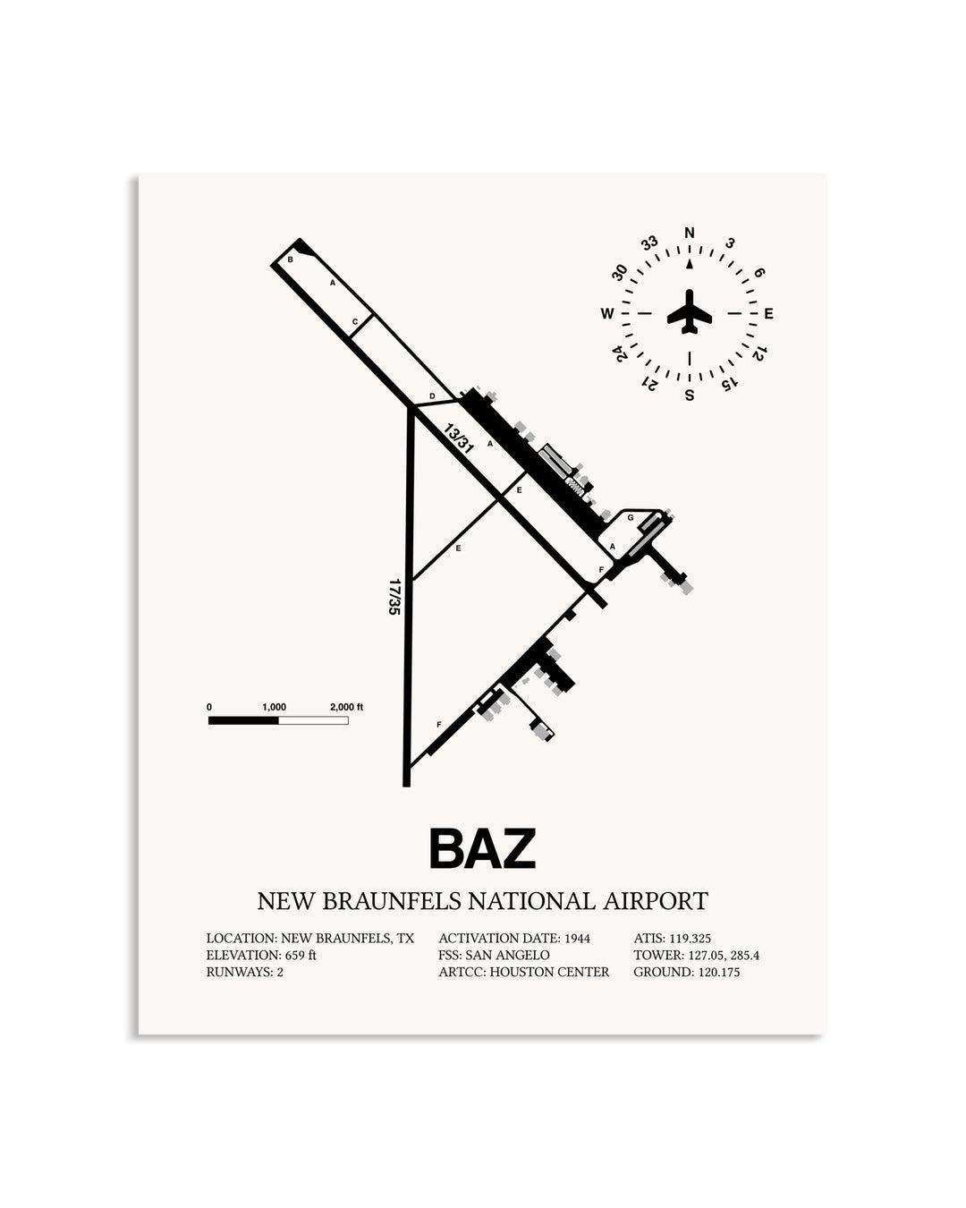 Gray New Braunfels National Airport framed poster displayed in an airplane hangar