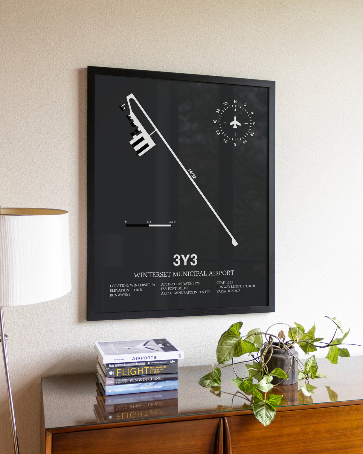Gray Framed Winterset Municipal Airport wall art poster in black frame