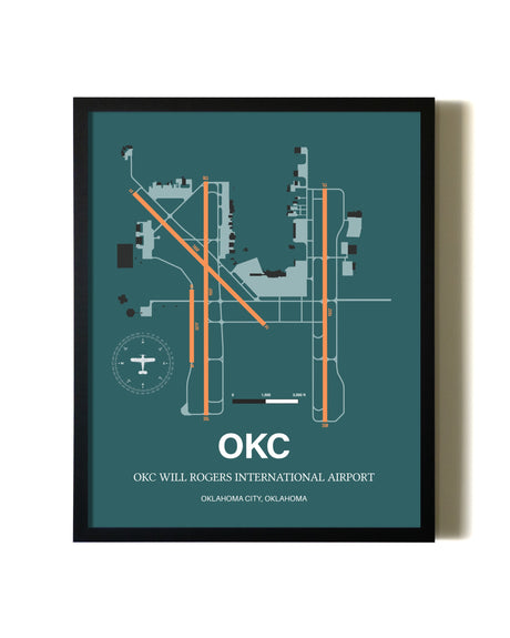 Green OKC Will Rogers International Airport aviation wall décor in black wood frame