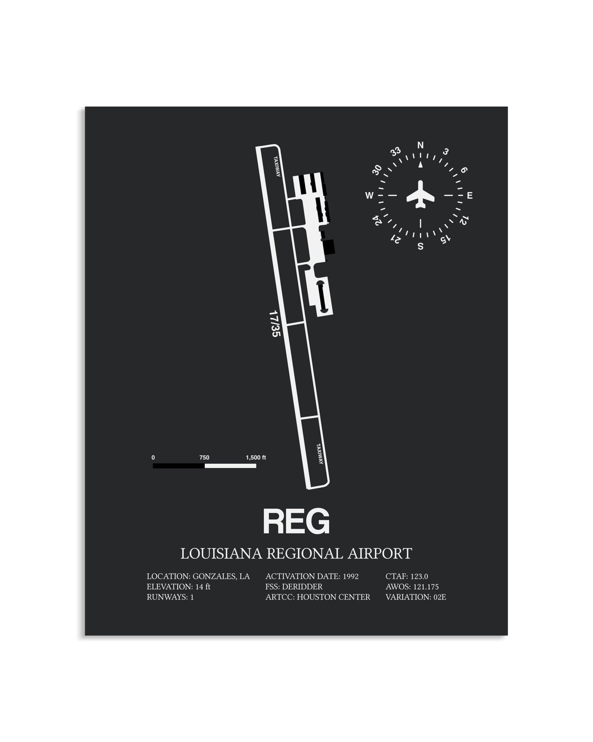 Gray Framed Louisiana Regional Airport layout wall art poster