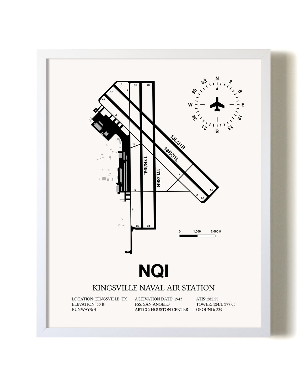 Kingsville Naval Air Station airport map poster in oak frame