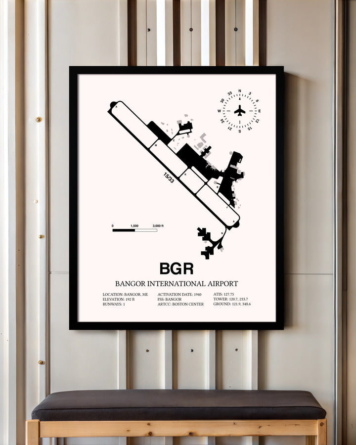 Bangor International Airport framed poster displayed in an airplane hangar