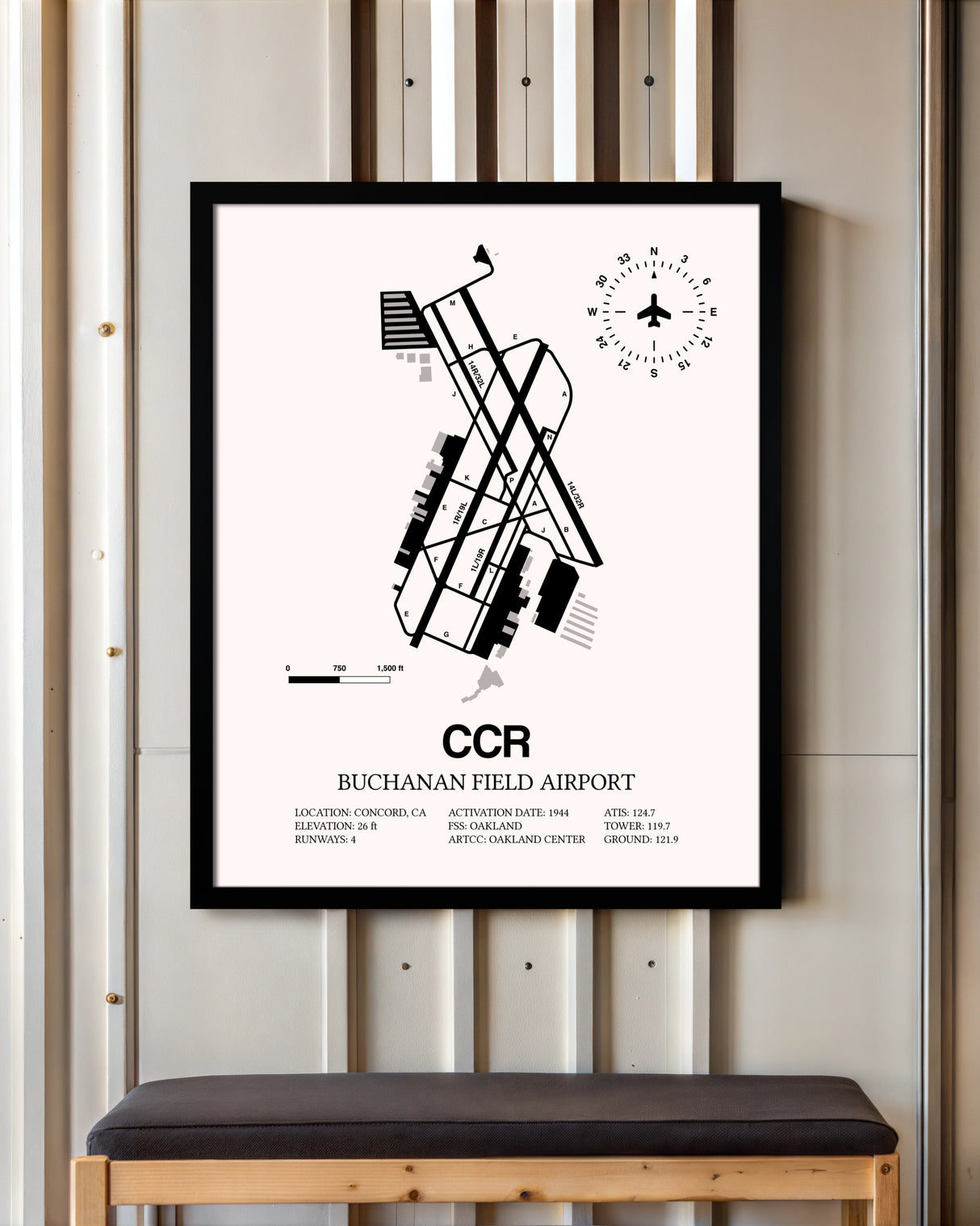 Buchanan Field framed poster displayed in an airplane hangar