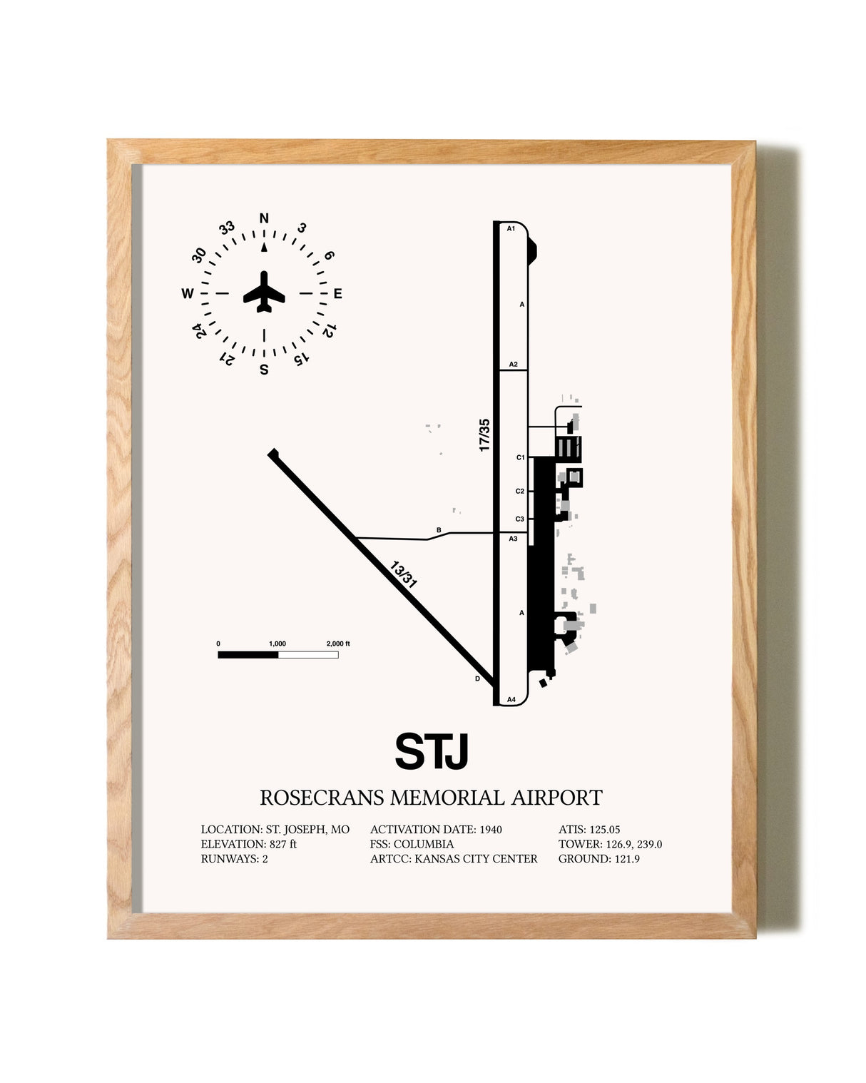 Rosecrans Memorial Airport framed print in natural wood frame