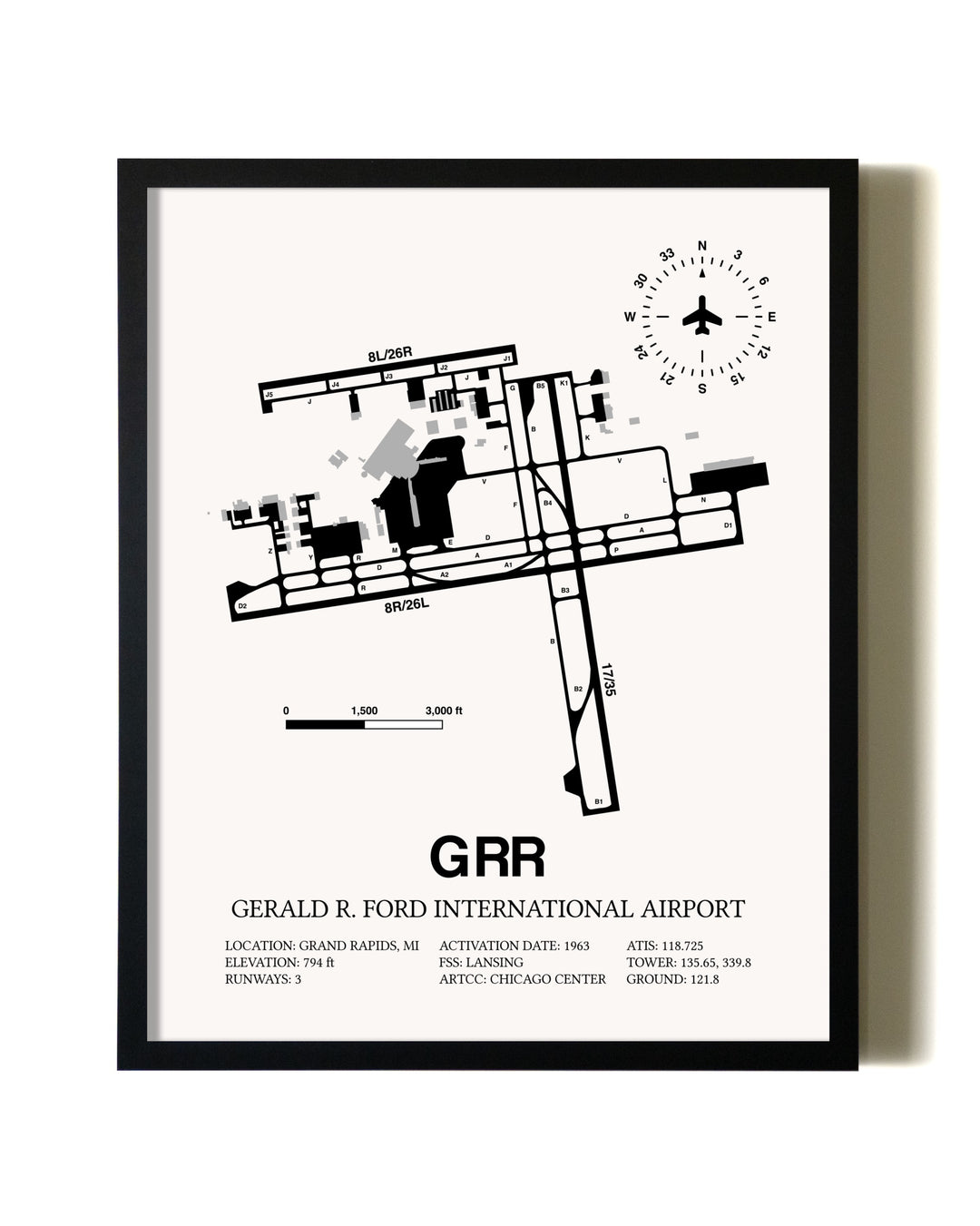 Framed Gerald R. Ford International Airport wall art poster in black frame