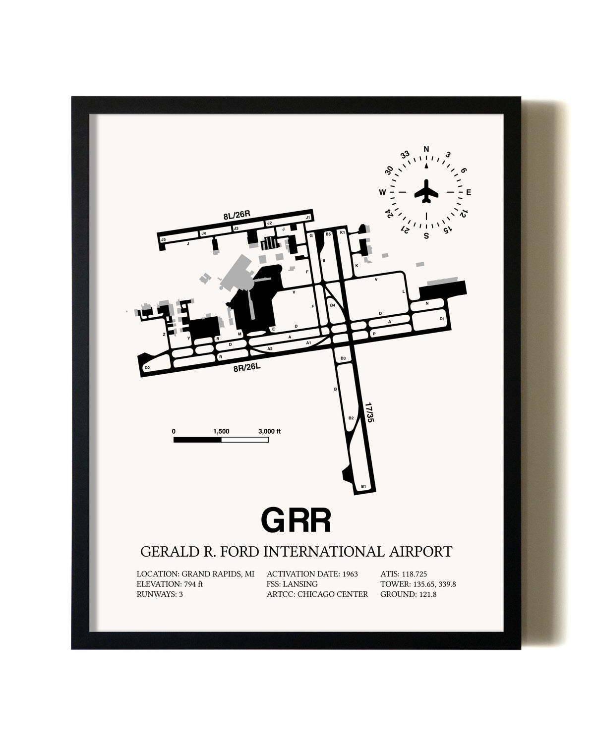 Framed Gerald R. Ford International Airport wall art poster in black frame