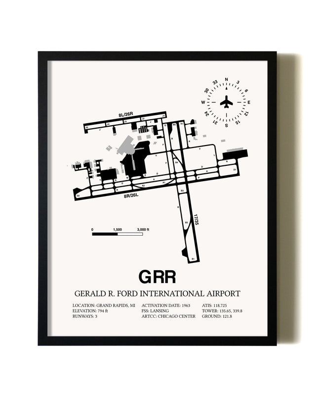 Framed Gerald R. Ford International Airport wall art poster in black frame