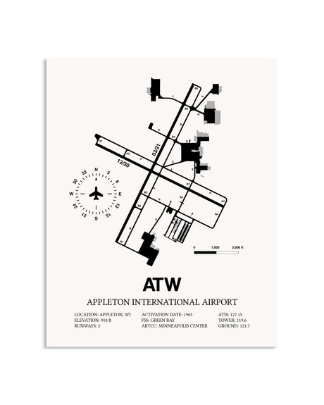 Gray Appleton International Airport framed poster displayed in an airplane hangar