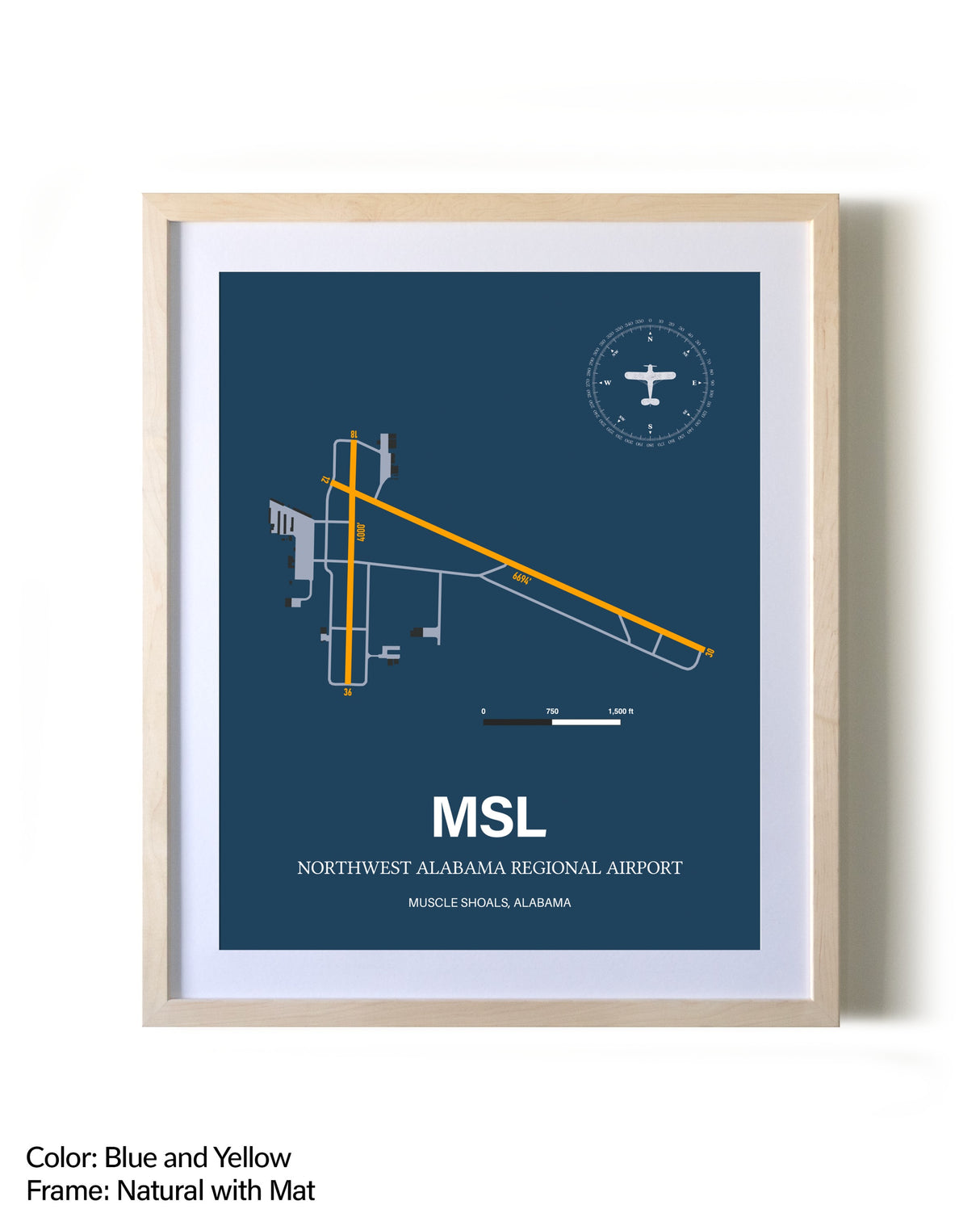 Northwest Alabama Regional Airport framed print in natural wood frame with mat