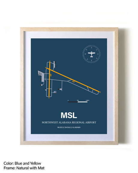 Northwest Alabama Regional Airport framed print in natural wood frame with mat