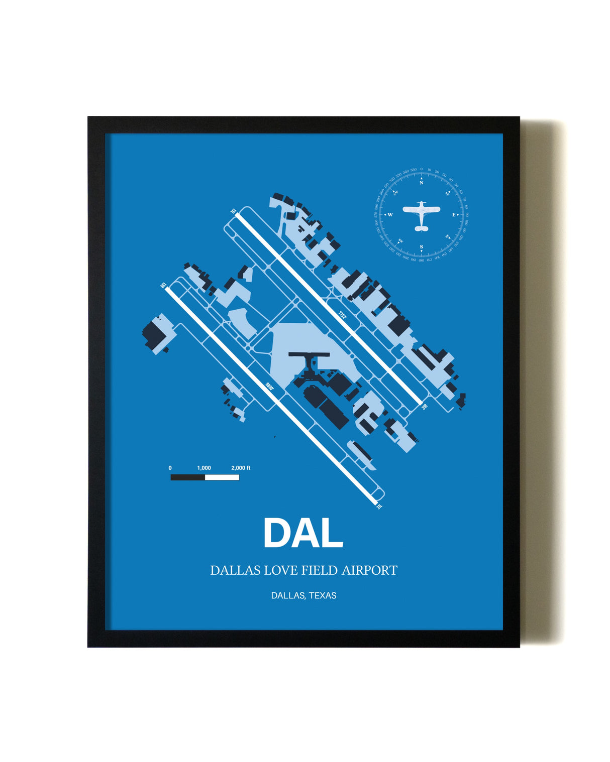 Sky Blue Dallas Love Field Airport aviation wall décor in black wood frame