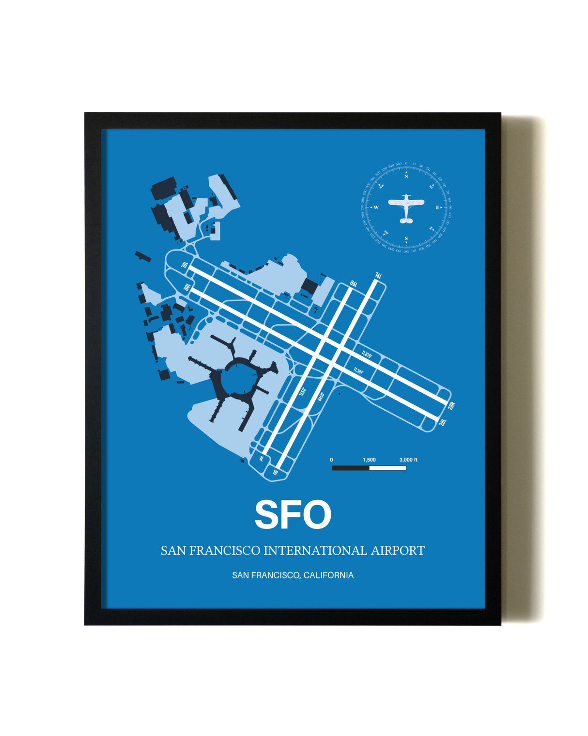 Sky Blue San Francisco International Airport aviation wall décor in black wood frame