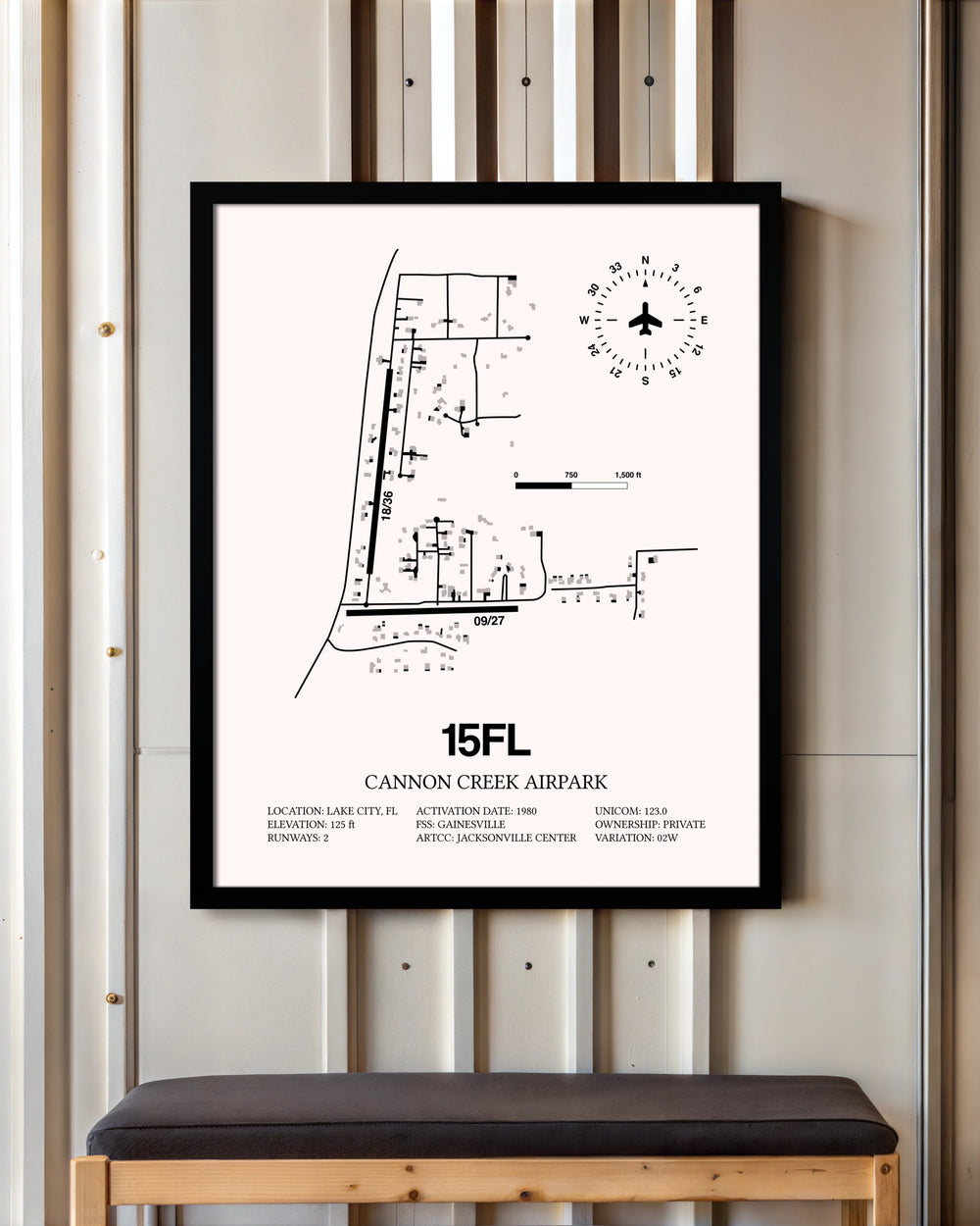 Cannon Creek Airpark framed poster displayed in an airplane hangar