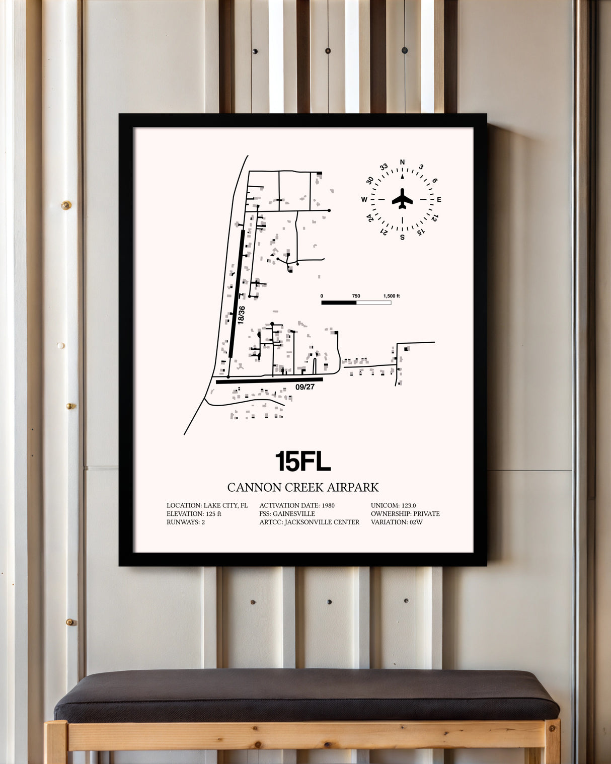 Cannon Creek Airpark framed poster displayed in an airplane hangar