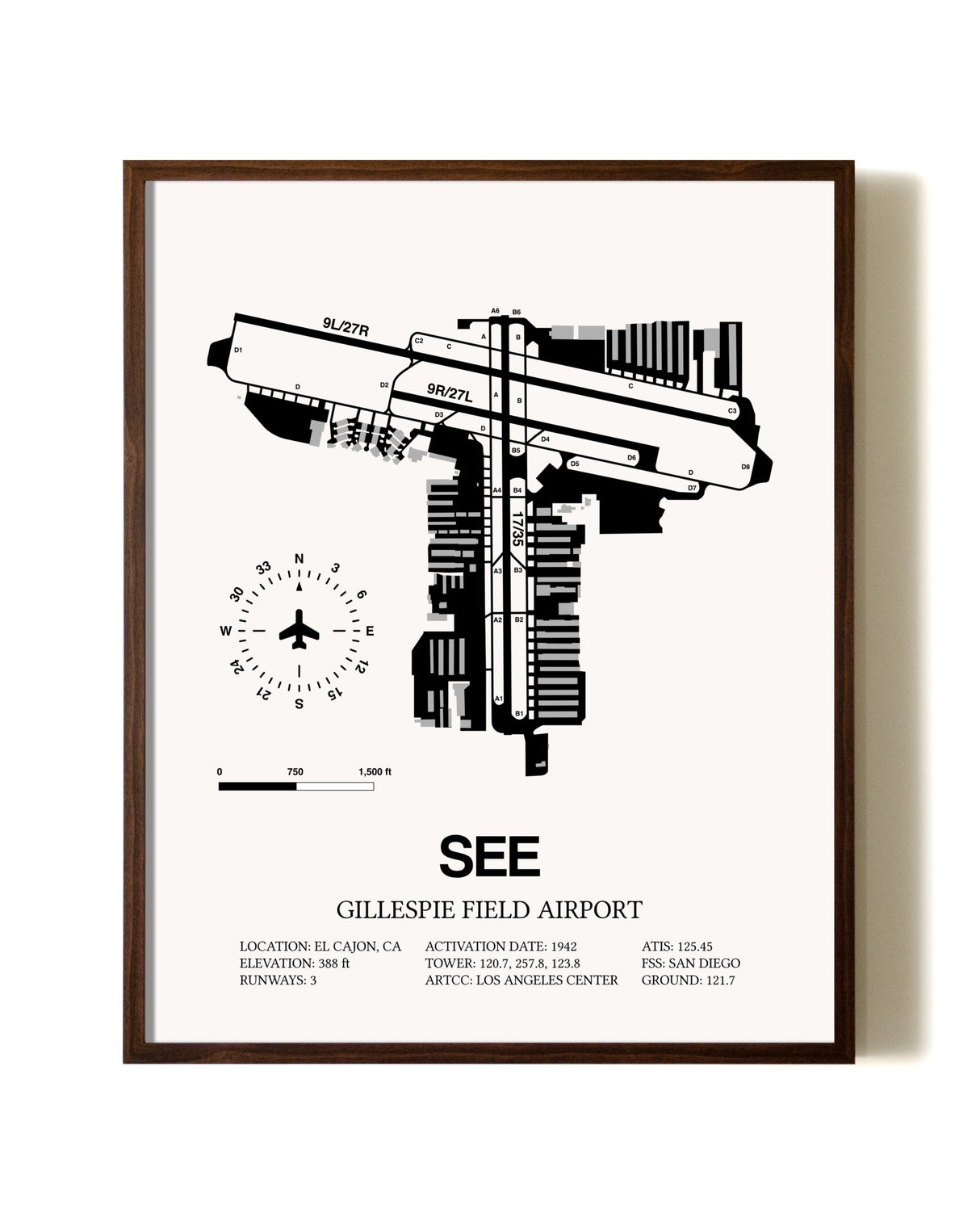 Gillespie Field Airport aviation print in walnut frame