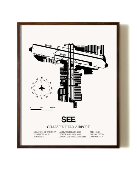 Gillespie Field Airport aviation print in walnut frame