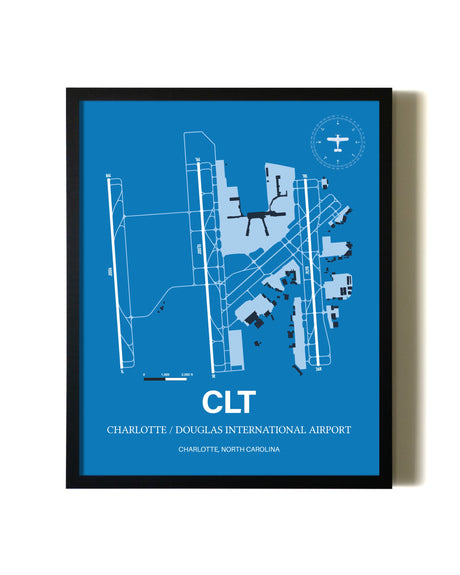 Sky Blue Charlotte / Douglas International Airport aviation wall décor in black wood frame