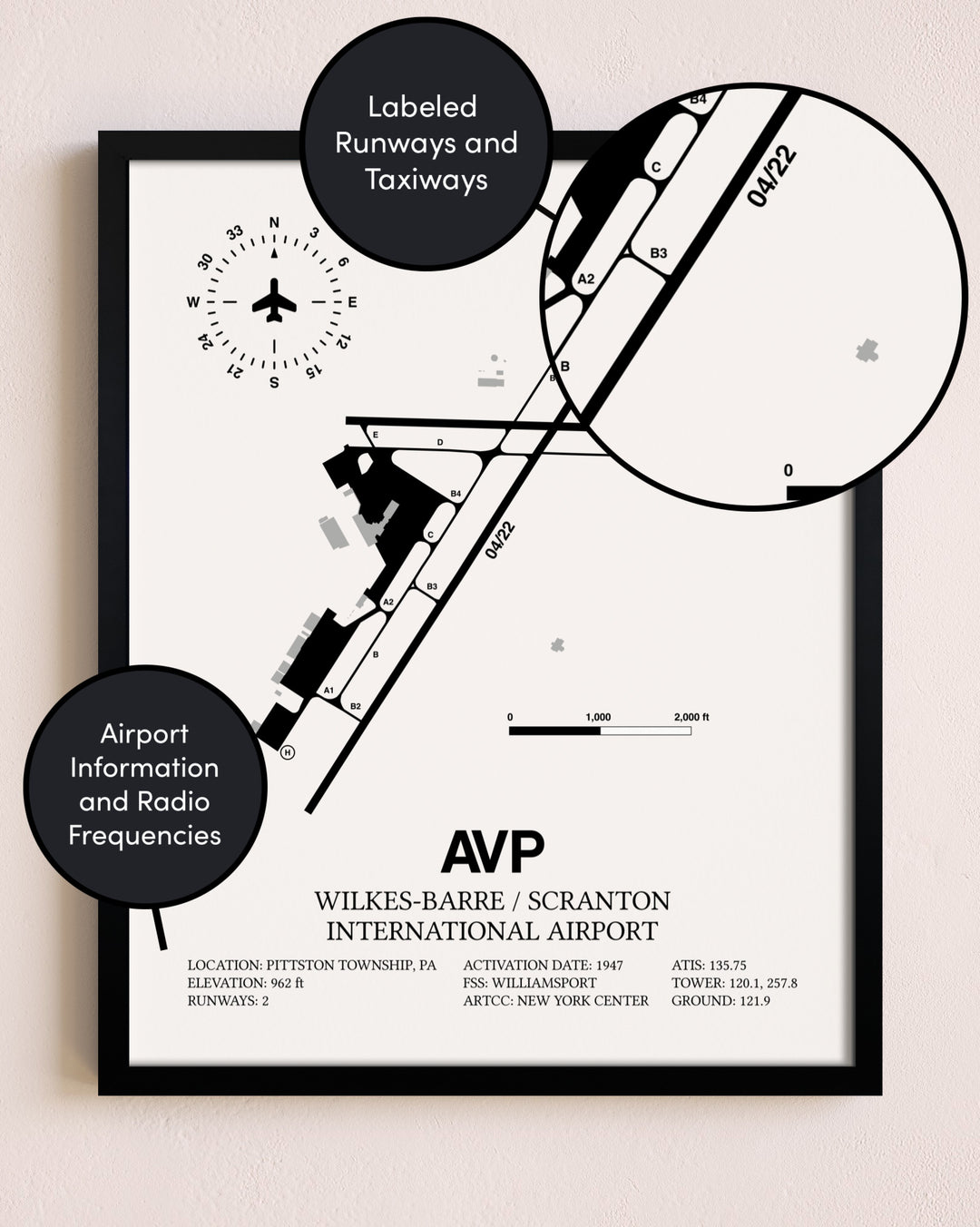 Framed Wilkes-Barre / Scranton International Airport layout wall art poster