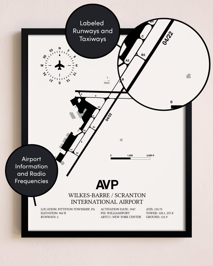 Framed Wilkes-Barre / Scranton International Airport layout wall art poster