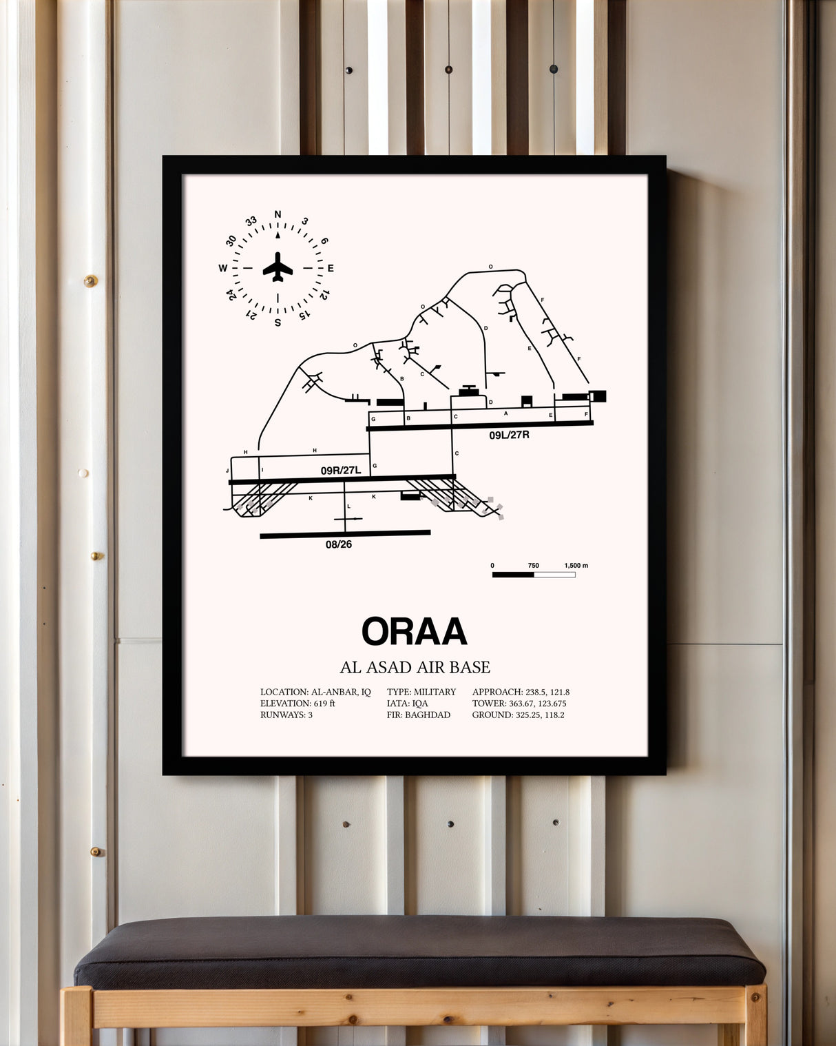 Al Asad Air Base framed poster displayed in an airplane hangar